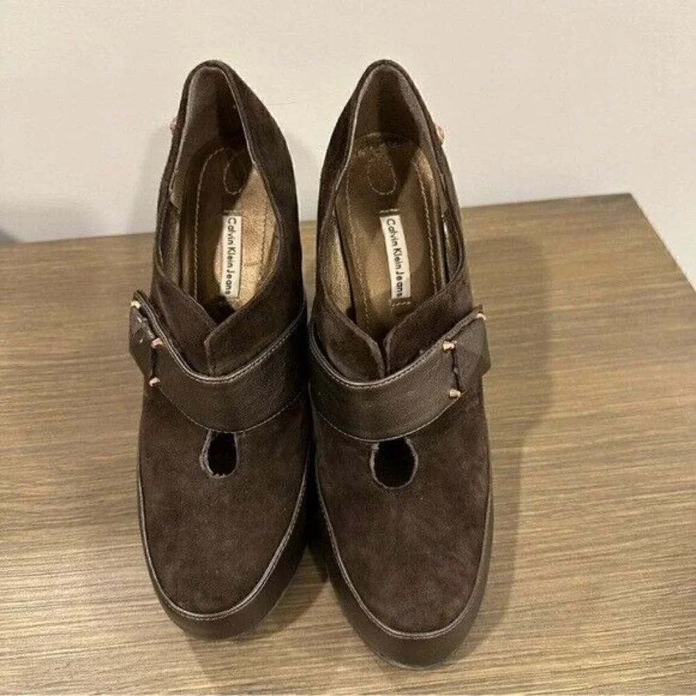 VTG 90’s Calvin Klein Brown Suede Platform Chunky Heel Retro Women’s Size 8.5